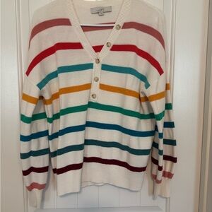 Women’s Loft Button Front Cardigan Size Large Cream With Multi Color Stripes